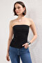 Siyah Pamuklu Esnek Straplez Büzgü/Drape Detaylı Örme Bluz TWOSS25BZ00484 - 2