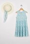 Crew Neck Zero Sleeve Folded Turquoise Color Girl's Dress with Hat Accessory - 3