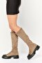 Women Slip On High Calf-Length Boots, Khaki - 2