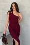 Women's Burgundy One-Shoulder Strap Slit Ottoman Fabric Dress - 3