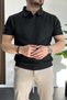 Men's Open Collar Striped Patterned T-Shirt Black Edw258 - 2