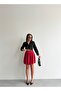 Women's Red Modal Textured Pleated Mini Skirt with Shorts - 5
