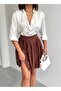 Women's Brown Modal Textured Pleated Mini Skirt with Shorts - 2