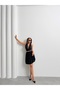 Women's Black Modal Textured Mini Skirt with Pleated Shorts - 5