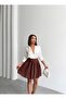 Women's Brown Modal Textured Pleated Mini Skirt with Shorts - 5