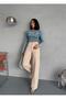 Beige Denim Fabric Wide Leg Pants - 2