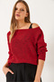 Women's Red Boat Neck Mesh Detail Openwork Knitwear Blouse 20251017 - 2