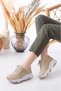 Women's Cream Leather Embossed High Sole Sports Shoes Nk4012