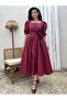 Burgundy Big Bow Square Neck Flared Poplin Dress