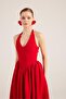 Halter Neck Fitted Waist Long Ophelia Dress Red - 2