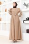 Cape Collar Detailed Belted Hijab Dress Brc1125 Latte - 6