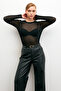 Women's Black Crew Neck Stripe Detailed Premium Transparent Blouse - 3