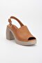 Women's Genuine Leather Thick Heeled Sandals - Tan - 4