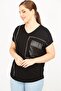 Women's Black Plus Size Stone and Faux Leather Garnished Low Sleeve Blouse 65n35906