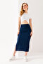 Women's Elastic Waist Wrapped Skirt with Side Slits Navy Blue - 254412 - 3