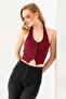 Women's Halter Neck Strap Detailed Buttoned Ribbed Vest Claret Red - 25Y 2425 - 6