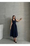 Women's Navy Blue V-Neck Button Detail Sleeveless Dress - 5