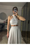 Kahlan White Elastic Waist Raw Linen Fabric Skirted Blouse Set - 3