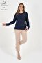 Women's Middle Age and Above Viscose Spiral Pattern Stone Embroidered Lycra Navy Blue Mother Combed Cotton Blouse - 3