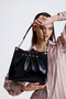 Black Patent Leather Chain Detailed Pleated Women's Shoulder Bag