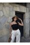Women's Strapless Body-Hugging Chest Curved Corded Fabric Ribbed Knit Basic Crop Blouse - Black - 2