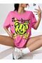 Pink Never Look Back Printed Oversize Crew Neck T-shirt