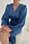 Blue V-Neck Satin Dress - 2