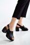 Women's Genuine Leather Thick Heeled Sandals - Black
