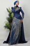 Dark Indigo Draped Cape Evening Dress - 3