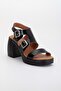 Women's Genuine Leather Buckle-Strap Thick-Heeled Sandals - Black Patent Leather - 4