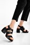 Women's Genuine Leather Buckle-Strap Thick-Heeled Sandals - Black Patent Leather