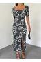 Women's Black Floral Print Low-Cut Dress 10715 - 2