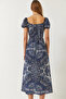 Women's Blue Tie-Neck Slit Detailed Patterned Midi Dress 60261478 - 7