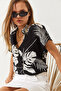 Women's Black White Short Sleeve Patterned Short Sleeve Viscose Shirt 60261477 - 3