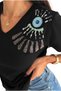 Women's Shoulder Eye Embroidery and Sequin Embroidery 100% Cotton Black V-Neck T-Shirt - 2