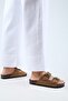(Anjelic Tumbled) Women's Genuine Leather Double Buckle Coffee Slippers - 6