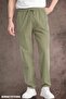 Summer Linen Trousers Raw Fabric Sweatpants Elastic Waist Unisex Comfortable Fit (Khaki)