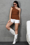 Asymmetrical Cross Madonna Collar Sleeveless Ribbed Summer Knitwear Blouse - 6
