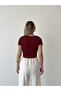 Women's Burgundy Knotted Crop T-Shirt - 3