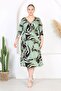 Women's Green Abstract Tropical Pattern Double Breasted Neckline Stretchy Waist Plus Size Dress