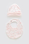 100% Cotton Newborn Bib & Hat Set - Toile De Jouy / Pink