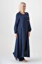 Muslin Fabric Button Detail Front Slit 100% Cotton Hijab Tunic - Navy Blue - 4
