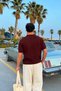 Lace-Like Knit Patched Knitwear Polo Neck T-Shirt Brown - 4