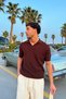 Lace-Like Knit Patched Knitwear Polo Neck T-Shirt Brown