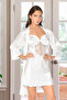 Satin Lace Detailed Nightgown and Robe Double Set 2079 White