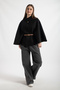 Women's Belted Buttoned High Neck Cashmere Cape Poncho Black