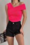 Women's Stretchy Knitwear Fabric One Shoulder Design Basic Fuchsia Blouse 0265 - 4