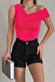 Women's Stretchy Knitwear Fabric One Shoulder Design Basic Fuchsia Blouse 0265 - 2
