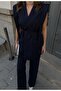 Women's Belted Blazer Vest and Trousers Two-Piece Set Navy Blue - 4