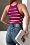 Women's Striped Stretchy Knitwear Fabric Ruffled Sleeveless Design Basic Blouse 0298 - 2